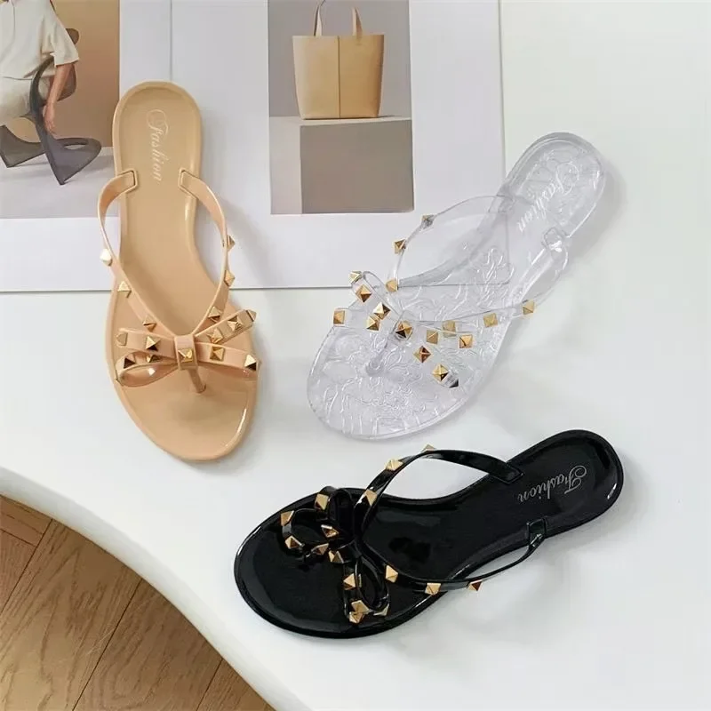 2026Summer Women Slippers Bow Flip Flops Rivet Flats Sandals Outdoor Transparent Crystal Beach Shoes Female Open Toe Shoes