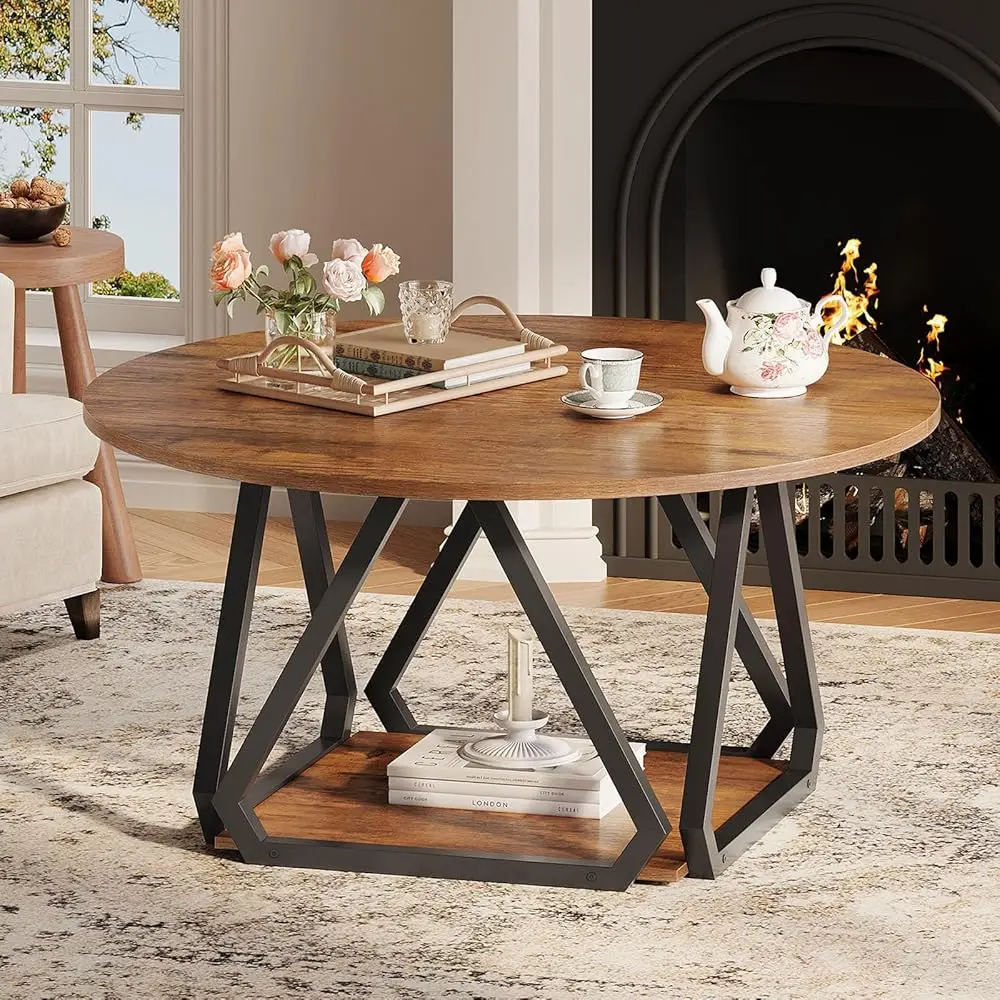 

Free ShippingRound Coffee Table, 31.5\ 2-Tier Center Table with Storage Shelf, Modern Rustic Circle Wood Coffee Table for Living