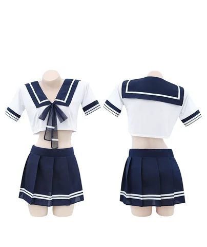 Sailor Suit JK Uniform Set Women Crop Top Pleated Skirt Navy Blue Pink Japanese School Girl Cosplay Costume Anime Roleplay Party