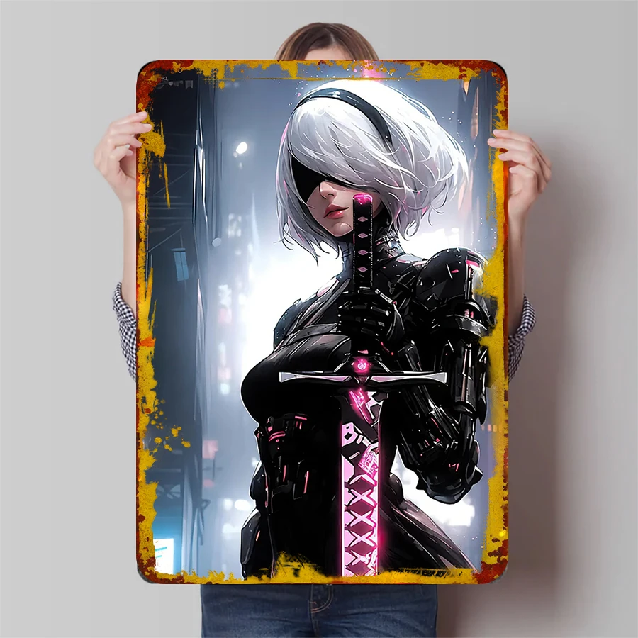 Cyberpunk Style Mechanical Girl Metal Wall Art Anime Game Peripheral Home Decor Hanging Painting