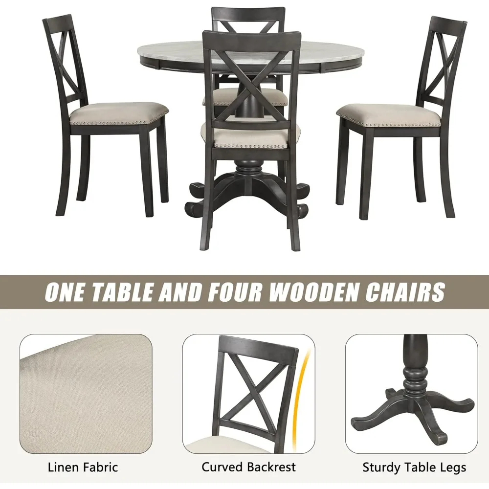 Kitchen Dining Table Set for 4, 5-Piece Round Dining Table and Chair Set, Round Dining Table with Cushion Chairs