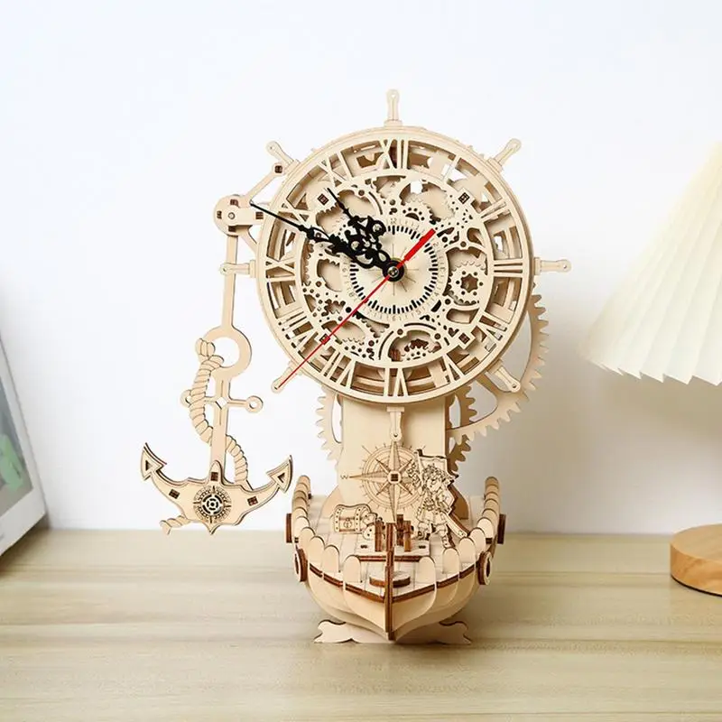 3D Clock Puzzles Model Kit Wooden Puzzle 3D Jigsaw Puzzles Wood Building Kits 3D Wooden Puzzles Desk Clock Making Pirate Clock