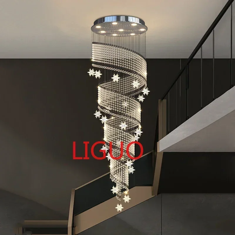 

Stair chandelier modern minimalist light luxury duplex villa loft living room crystal star apartment revolving long chandelier