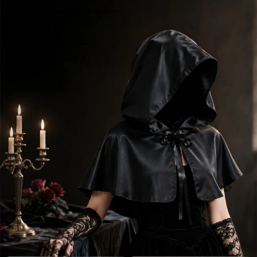 Hooded Short Cape with Tie, Black & Red 2 Colors, Vintage Cloak for Party Halloween Cosplay Daily Wear