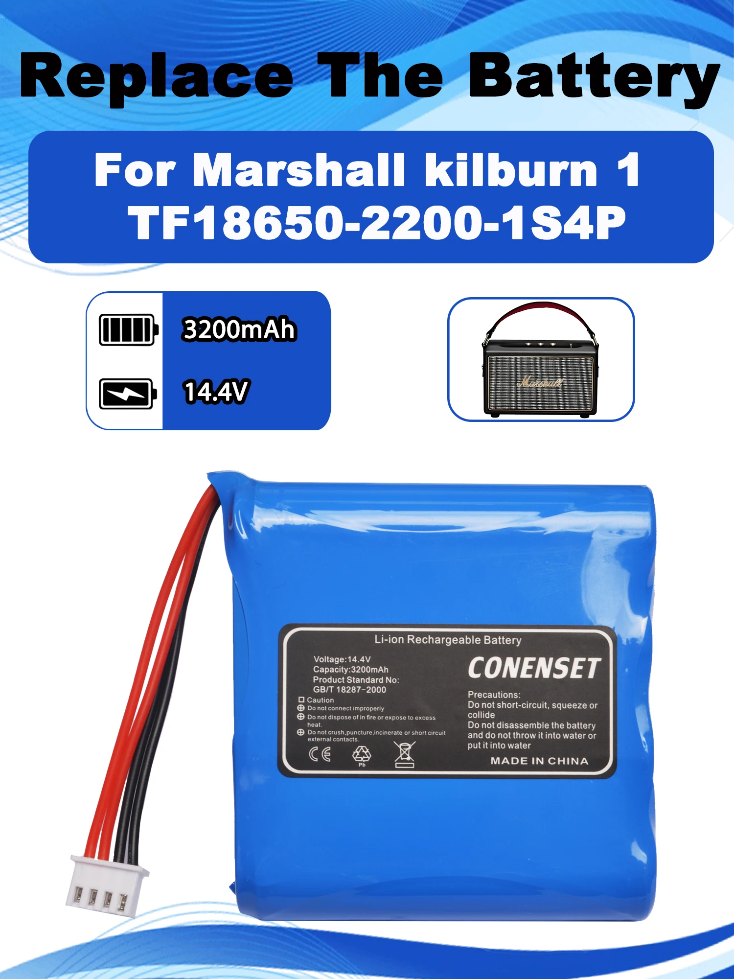 14.8V 3200mAh Replacement Battery For Marshall kilburn Bluetooth Speaker Batteries Model TF18650-2200-1S4PA