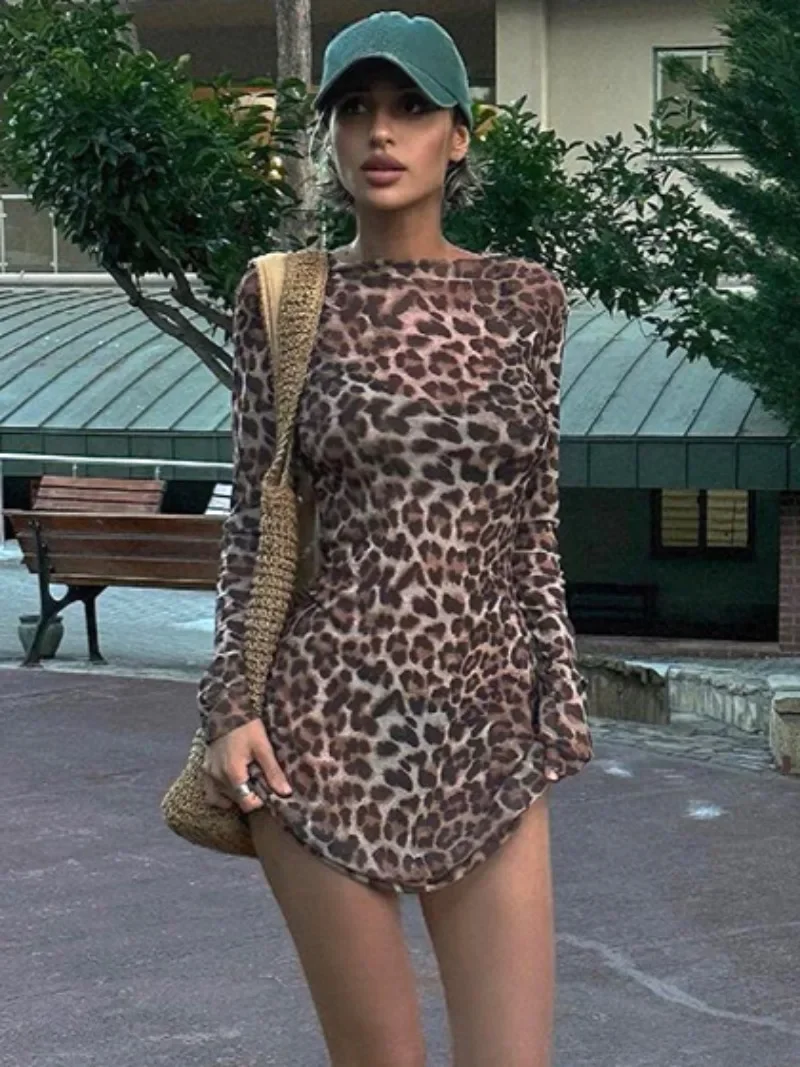 

Woman Clothing Leopard Mesh Dresses 2-piece Sets Black Spaghetti Strap Dress Autumn Long Sleeve See-through Print Short Dresses