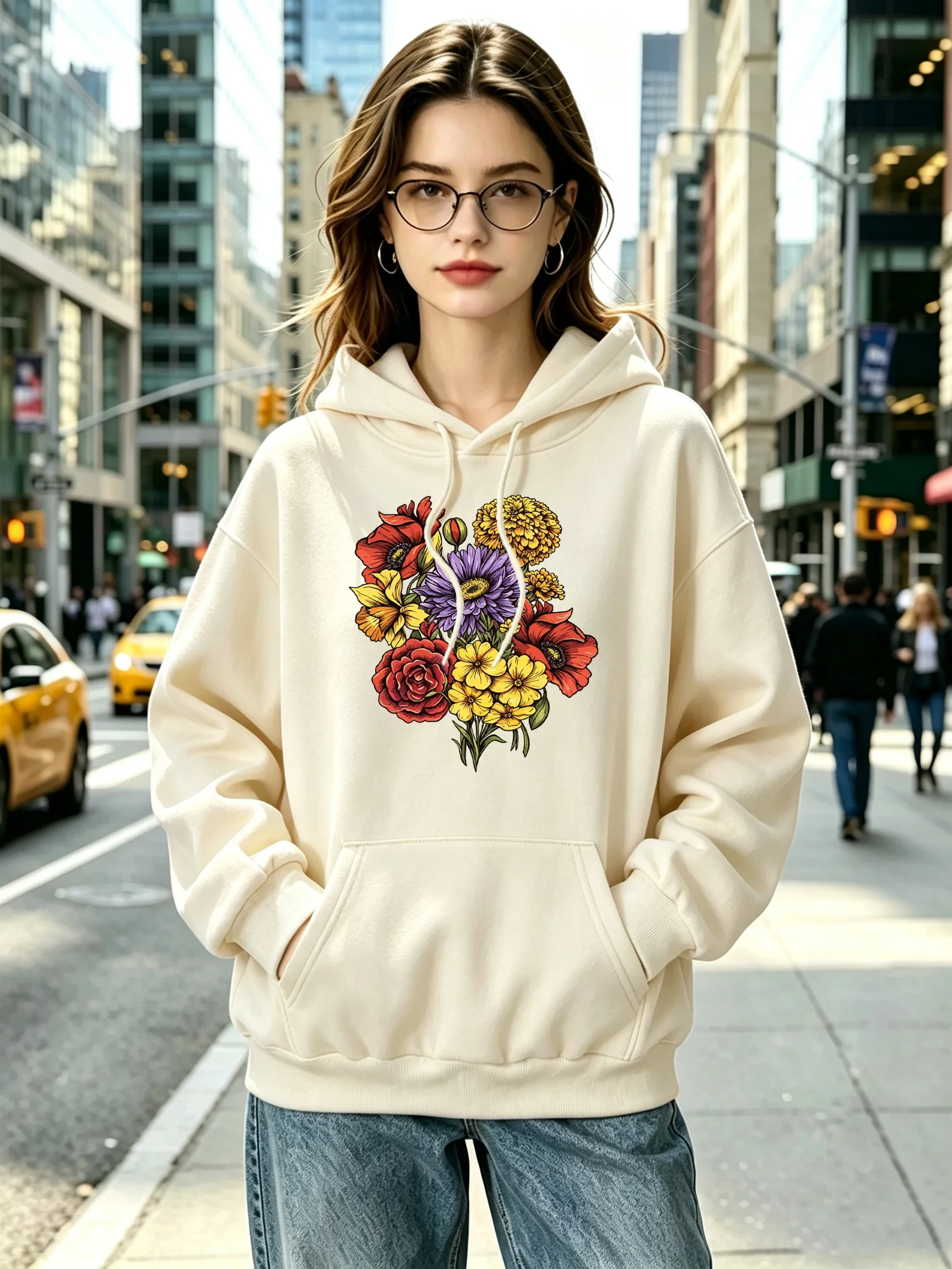 Colorful Wildflower Bouquet Rose Daisy Pattern Woman Hoody Soft O-Neck Clothing Autumn Casual Streetwear Sport Y2K Cheap Hoodies