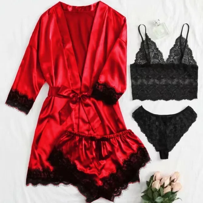 

Sexy Lingerie Set, Lace Satin Cami Lingerie Set, Silky Strap Robe Sleepwear Set, Provocative Babydoll Nightwear Ensemble