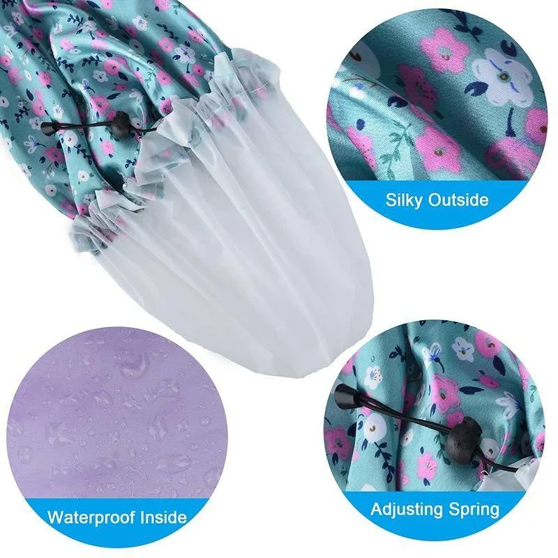 Shower Caps Reusable Waterproof Bath Cap Extra Large Shower Cap Double Layer with PEVA Lining Adjustable Elastic Band