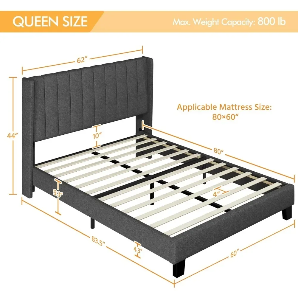 King Bed Frame Upholstered Platform Bed with Fabric Headboard, Wing Edge Design/Non-Slip and Noise-Free/Wooden Slats Support