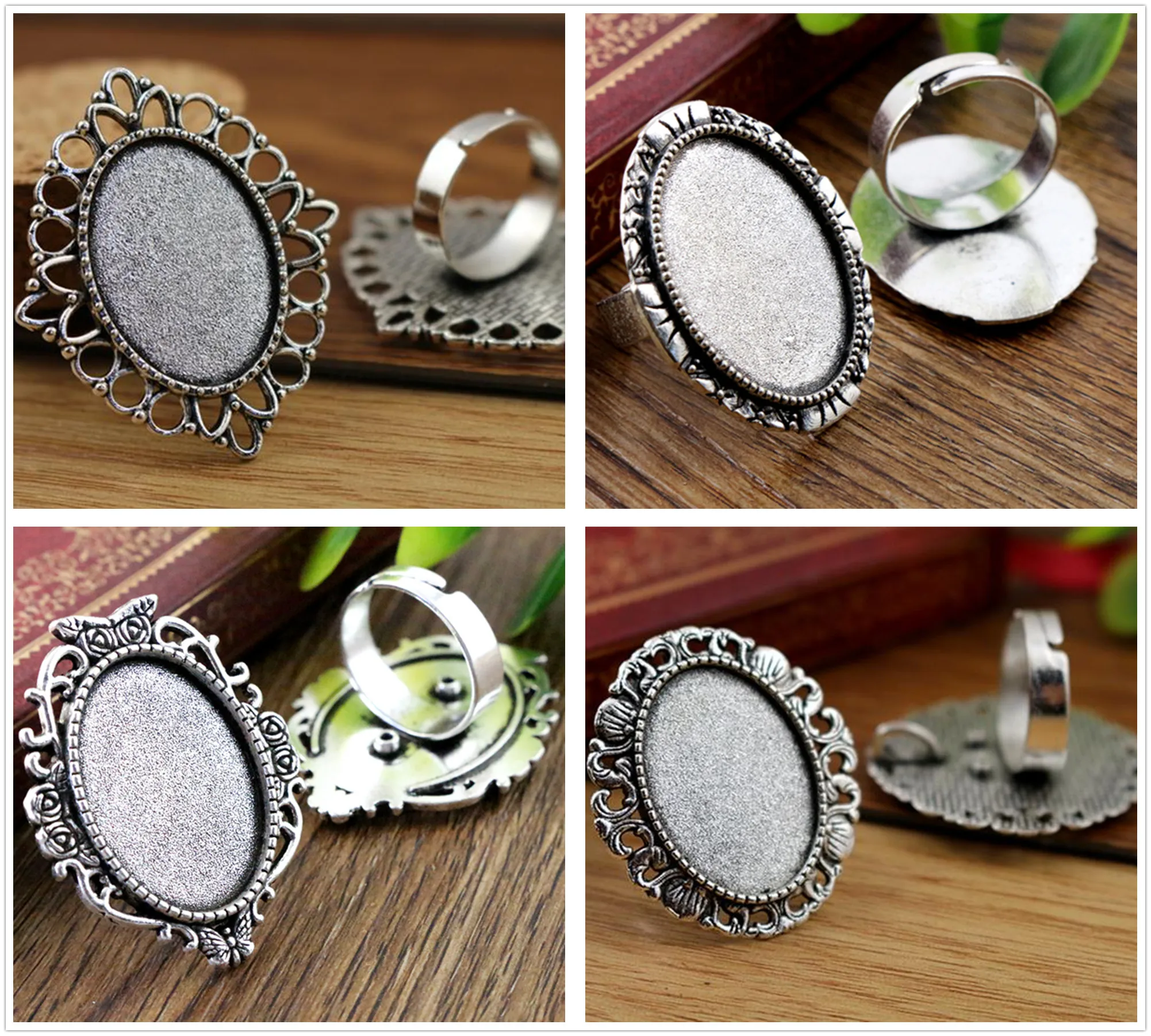 18x25mm 5pcs Antique Silver Plated 4 Style Brass Oval Adjustable Ring Settings Blank/Base,Fit 18x25mm Glass Cabochons