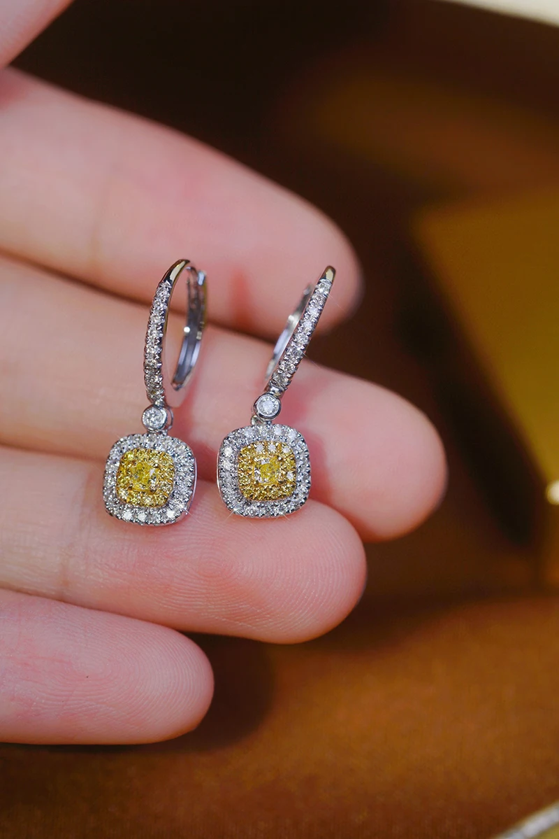 KUGG 18K White Gold Earrings Fashion Design 0.60carat Real Natural Yellow Diamond Hoop Earrings for Women High Party Jewelry