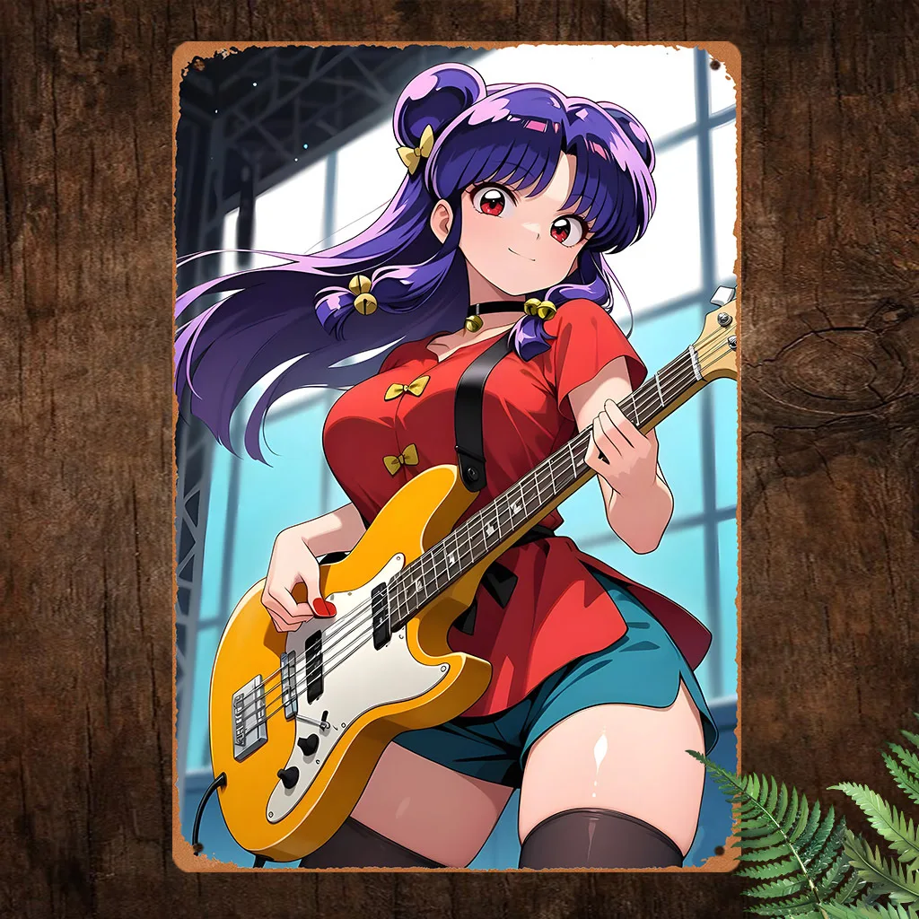 Panneau métallique vintage inspiré de l'anime Guitar Girl - Imperméable et anti-poussière, décoration murale durable pour café, bar, restaurant |   Holi