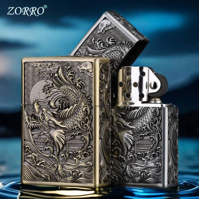 Zorro Retro Chinese Style Thickened Metal Kerosiene Lighter, 5-sided Relief Craftsmanship, Retro Windproof, Holiday Gift