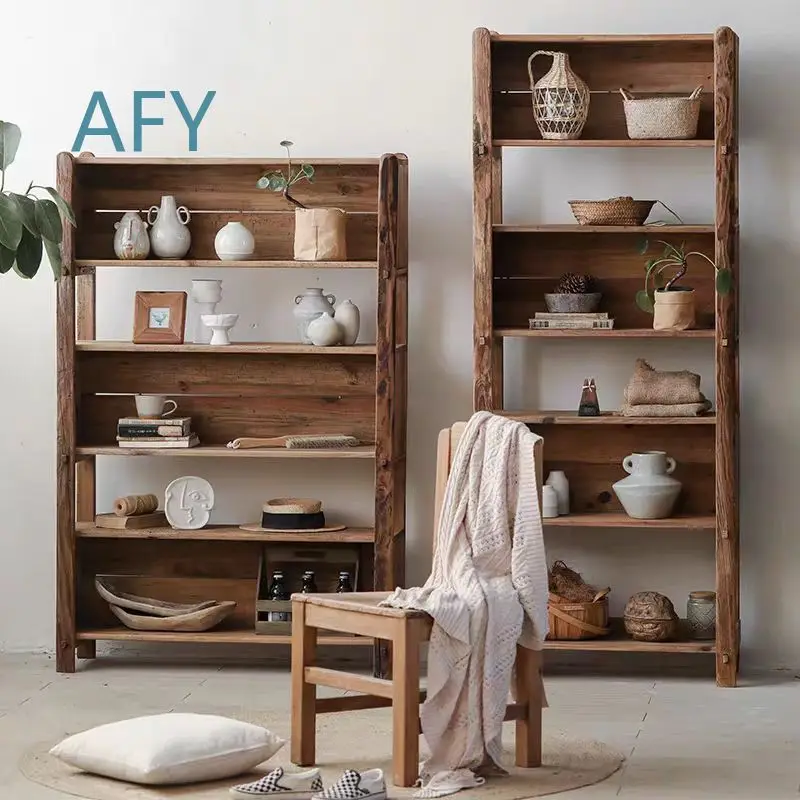 Wabi Sabi Old Elm Wood Shelving Unit for Living Room Bookshelf Wall Mounted Storage Rack for Rustic Home Decor Vintage Elm