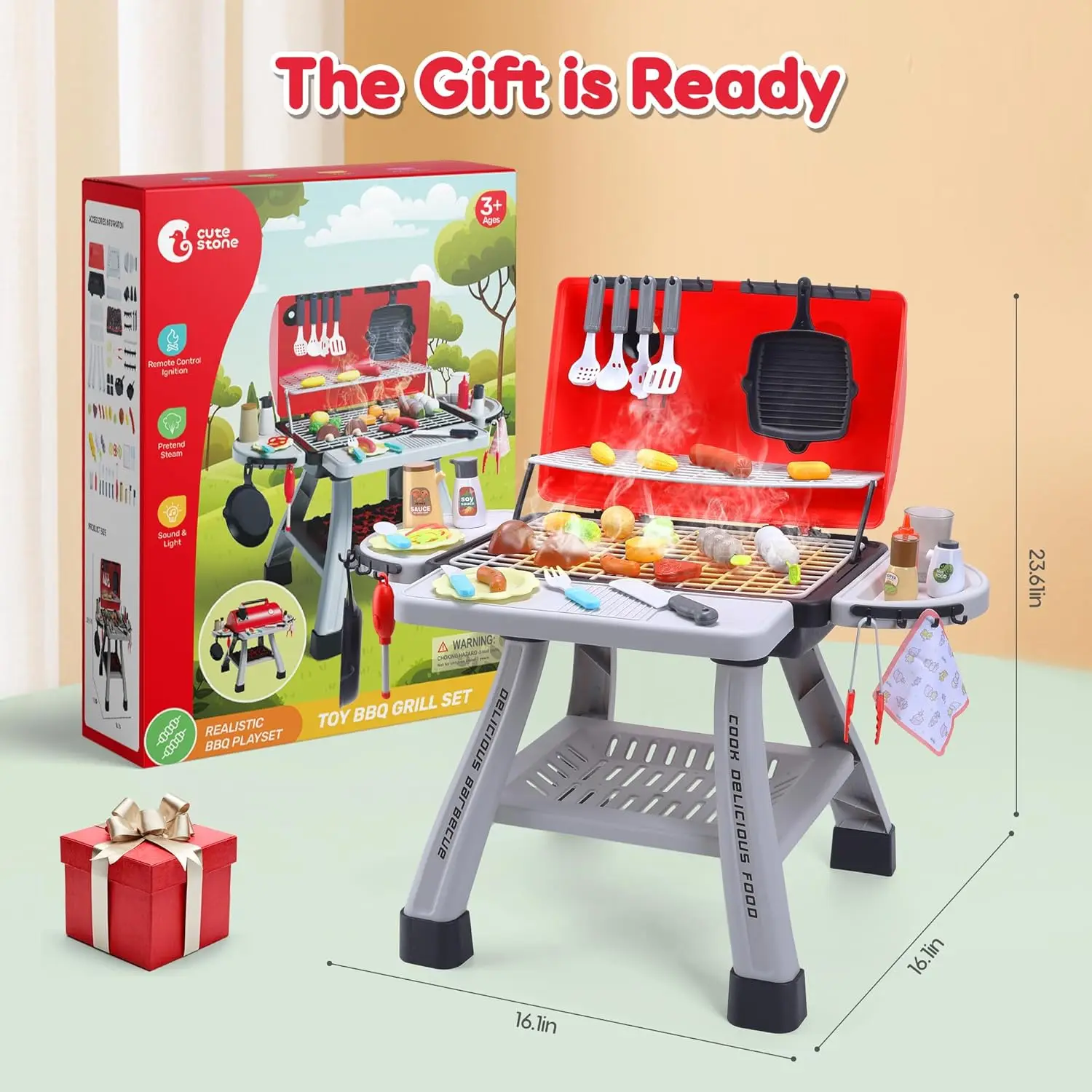 CUTE STONE Children's BBQ Grill Toy, Kitchen Playset, Realistic Smoke BBQ Grill Playset with Toy Kitchen Accessories.