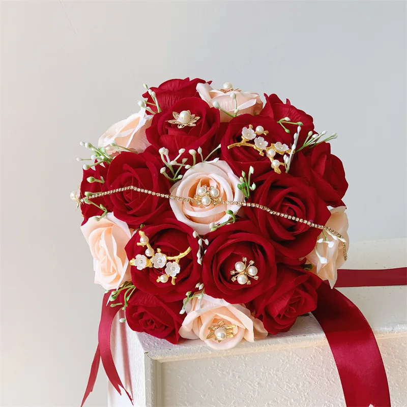 

Artificial Red Rose Bridal Bouquet Set with Silk Fake Flowers with Rhinestones Wedding Centerpiece Decor Birthday Gift for Mom