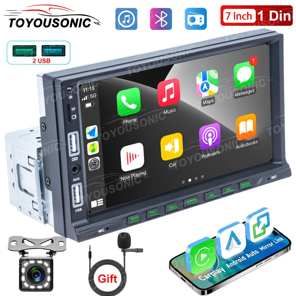 TOYOUSONIC 7 inch Car Radio Carplay Android Auto Multimedia Player FM AUX Input BT TF Mirror Link Universal 1 Din MP5 Head Unit