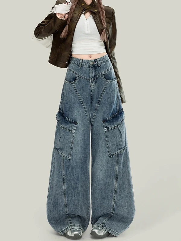 

Модные джинсы с высокой талией и широкими штанинами, женские свободные модные джинсы, индивидуальный дизайн длиной до пола в стиле хип-хоп, зимнее новое поступление