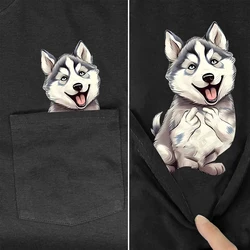 CLOOCL Siberian Husky Cotton T-Shirts Animal Dogs Double Middle Finger Printed Pocket T-shirt Women Clothing Short Sleeve Tees