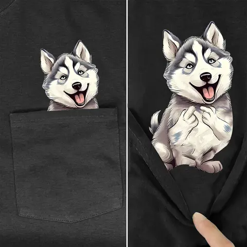 CLOOCL Siberian Husky Cotton T-Shirts Animal Dogs Double Middle Finger Printed Pocket T-shirt Women Clothing Short Sleeve Tees