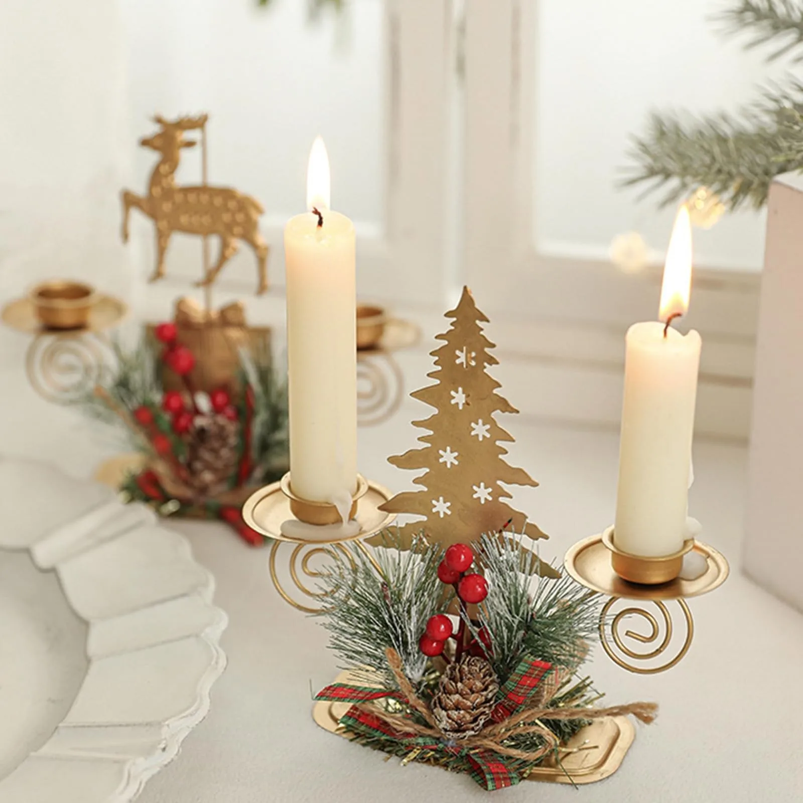 2024 New Gold Christmas Tree Pillar Candle Holder With Berry Pine Nut 2 Wick Candle Holder For Holiday Desktop Decoration