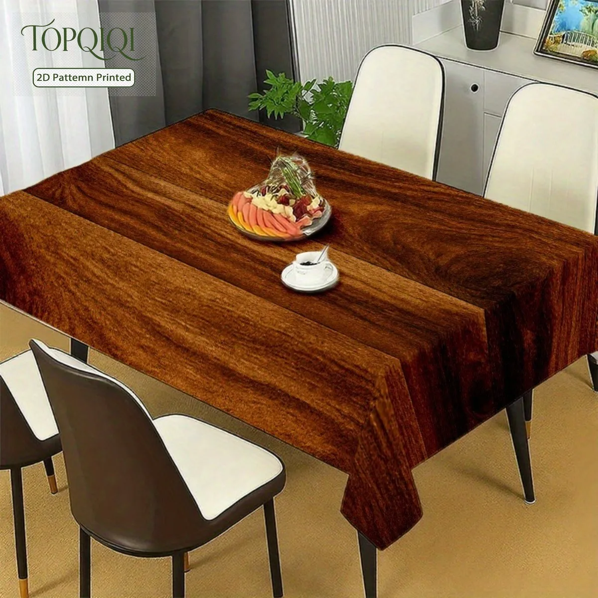 A realistic wood-grain tablecloth - dark brown wood grain.