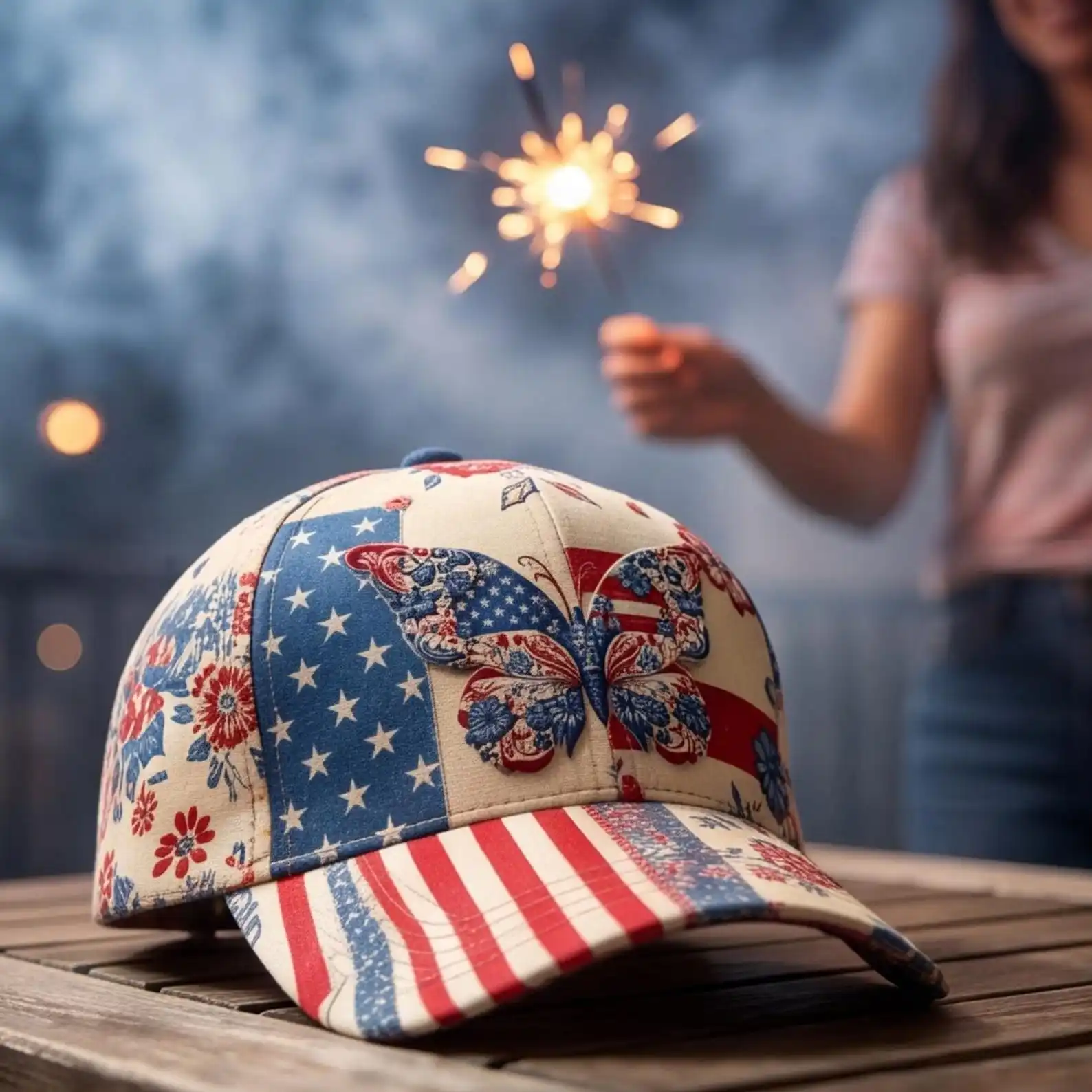 Custom USA 250th Anniversary Floral Hat, 3D Embroidered Look Patriotic Baseball Cap, Faux Embroidery Butterfly Stars Cotton Unis