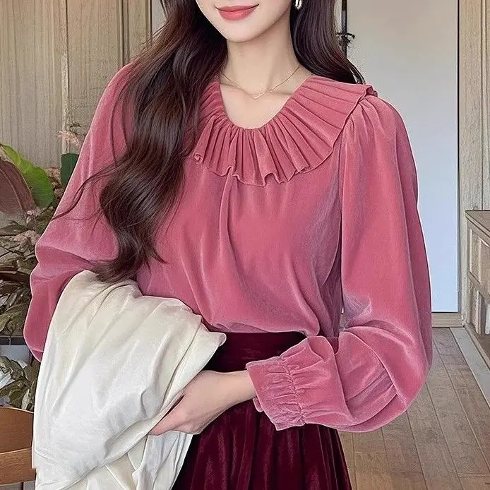 

Spring Korean Fashion Drawstring Solid Color O-neck Women's Shirt Simplicity All-match Fashionable Ruffles Long Sleeve Top TT343