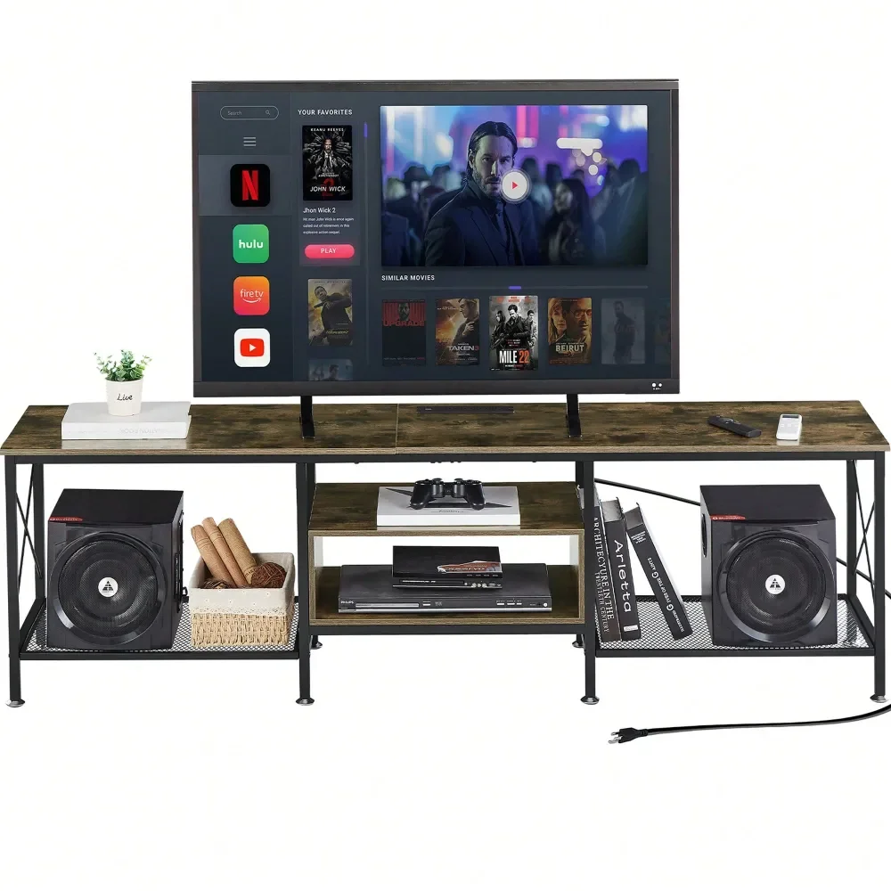 

TV Stand With Power Outlets For 65 Inch Industria Media Entertainment Center With Charging Station, 3Tier Open Shelves Metal Fr