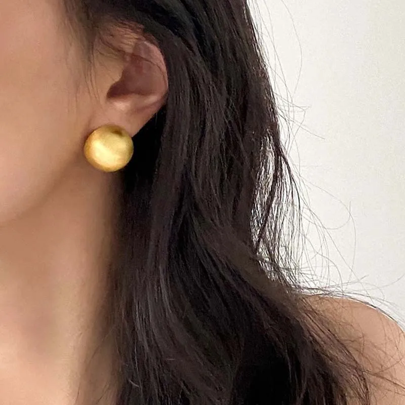 Frosted Gold Color Brushed Half Metal Big Ball Round Earrings for Women Retro Unique Creative Versatile Accessories brincos