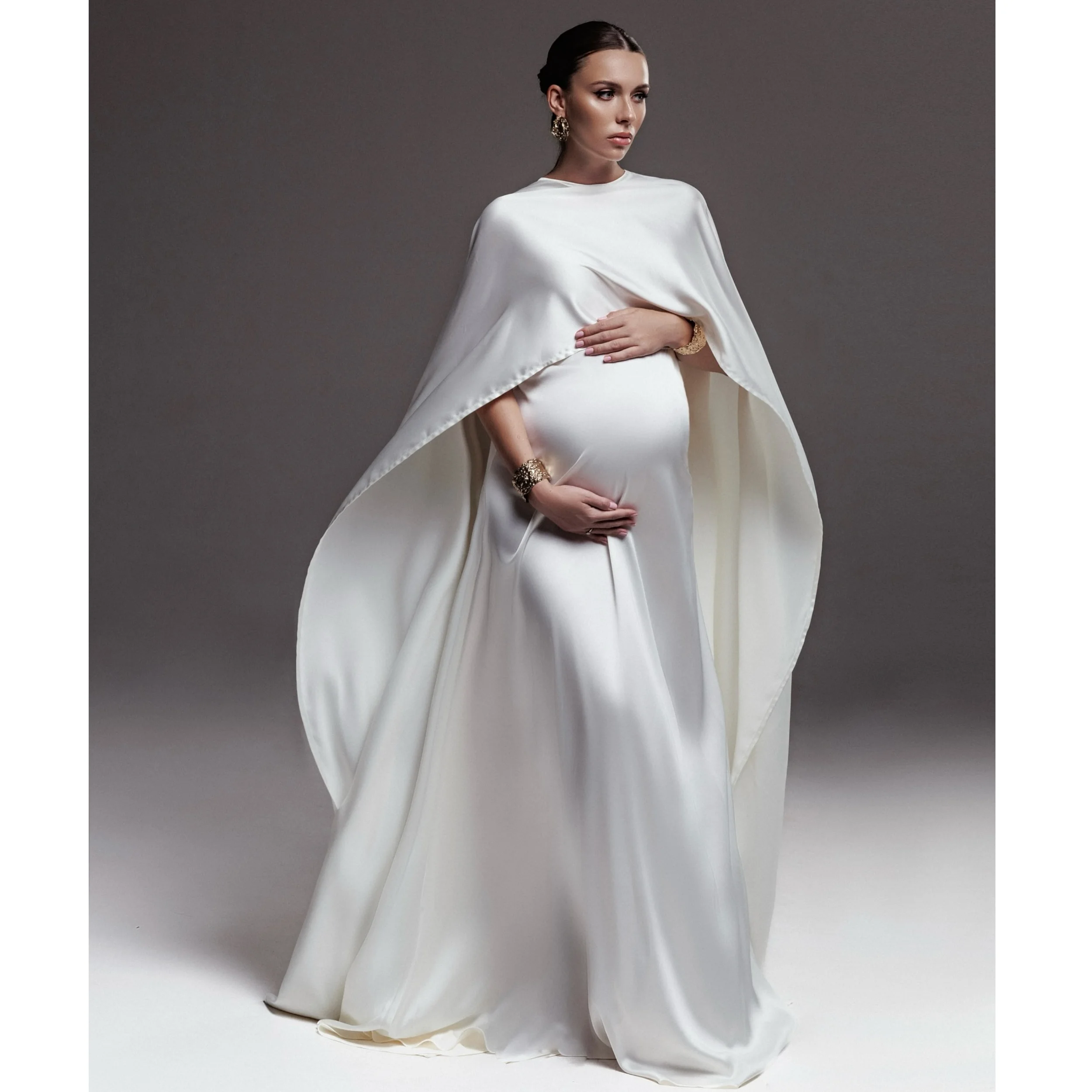 

Elegant White Maternity Dress Long Pregnant Prom Dress for Birthday Photography Soft Stain Cape Babyshower Gowns Customized