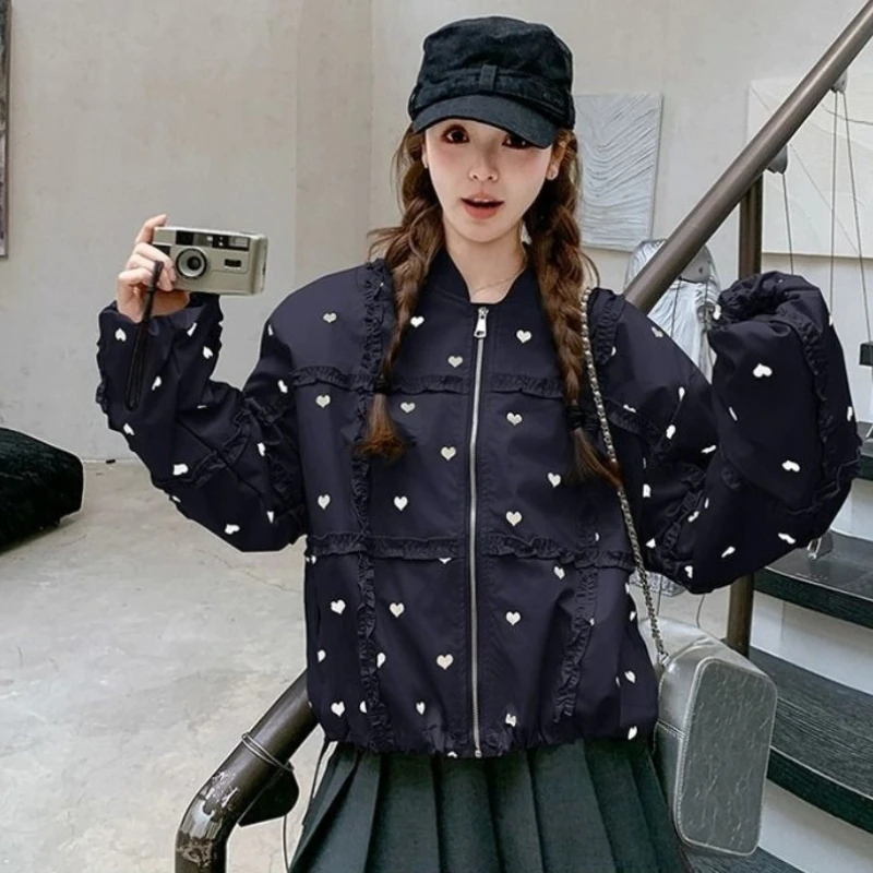 ​Vintage Baseball Coat for Women Loose Fitting Short Jacket with Heart Lace Detail Spring Autumn 2025​