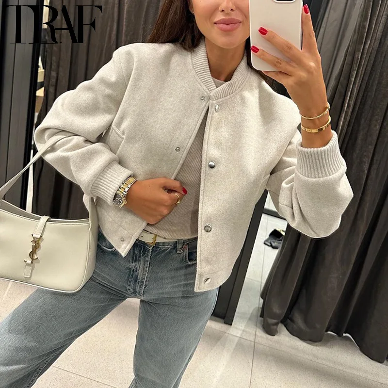 TRAF Cropped Bomber Jackets For Women Autumn Long Sleeve Baseball Jacket Woman Fashion Winter Button Aviator Jackets Streetwear