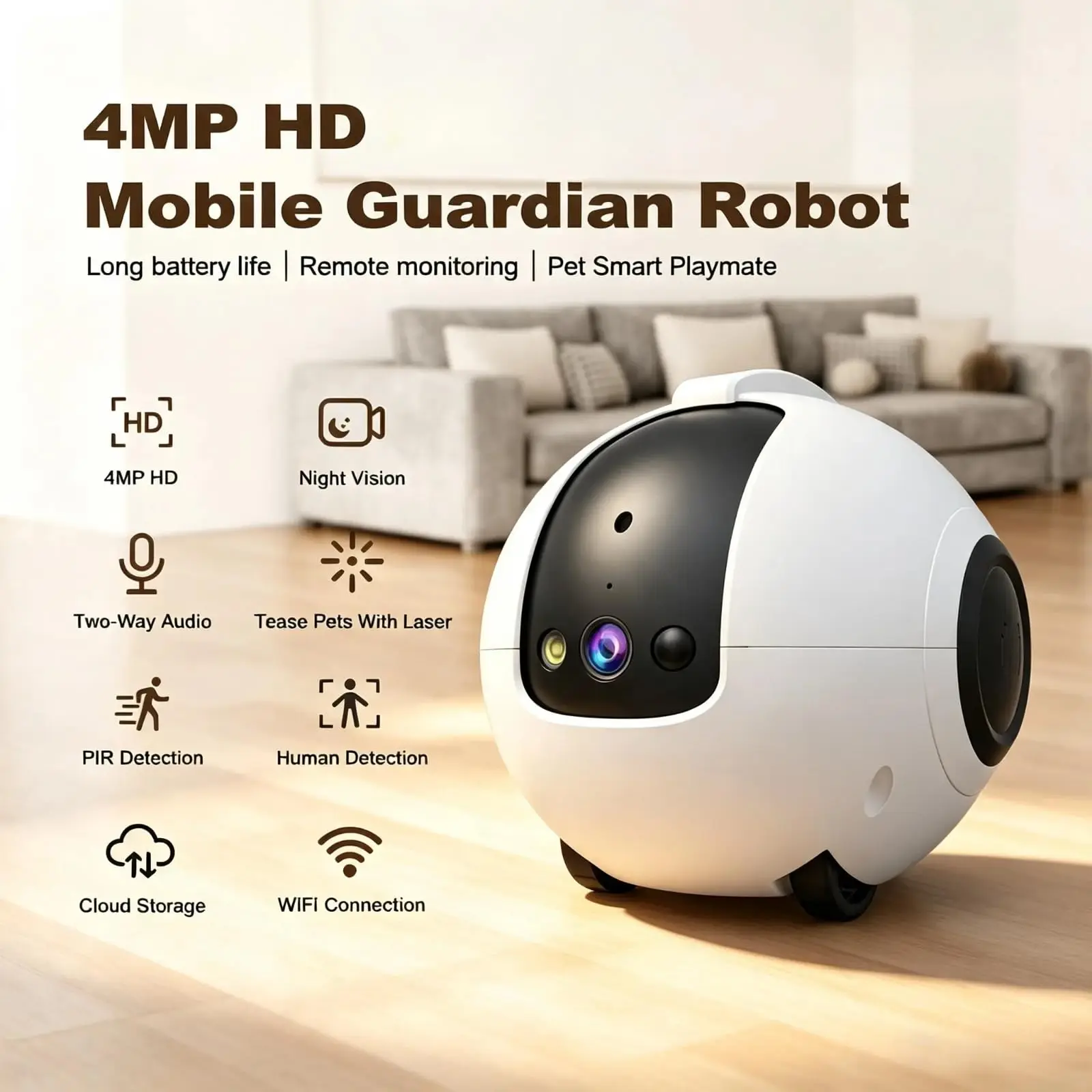 4MP HD Smart Pet Robot Camera Mobile Guardian with 10000mAh Battery Two-Way Audio Laser App Remote Control