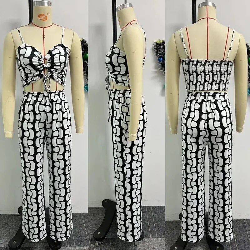 Black White Print 2 Piece Outfit Set Women Clubwear Vacation Spaghetti Strap Lace-up Crop Top and Wide Leg Pants Matching Sets