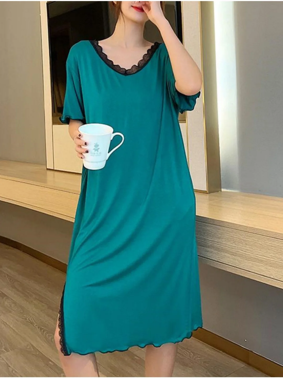 

Summer V-Neck Short Sleeve Lace Trim Splice Mid-Length Loose Open Split Home Sleep Dress plus Size Casual Sexy Style Pure Color