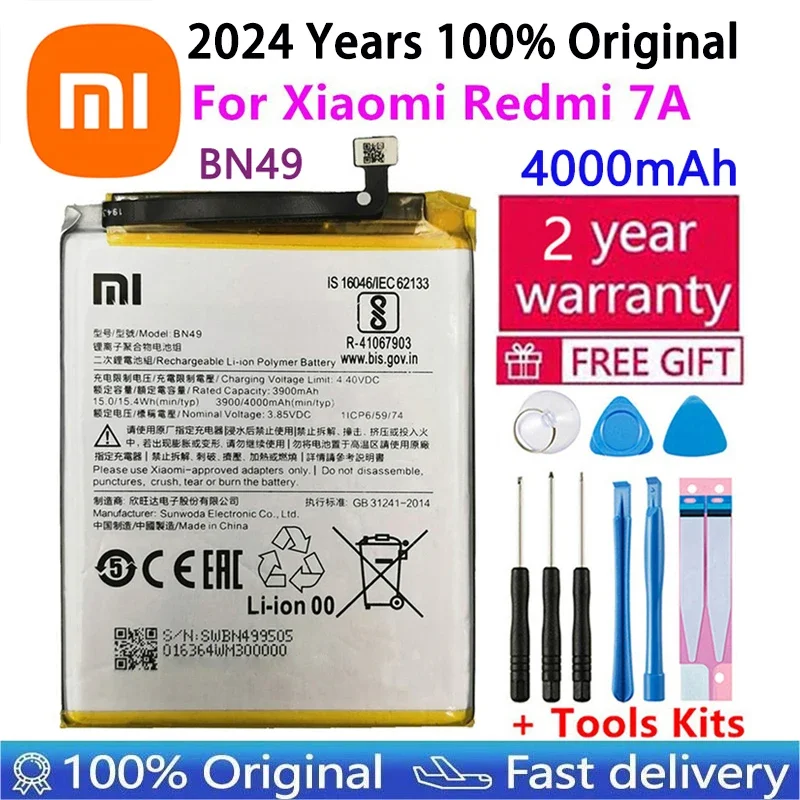 

Xiaomi-Original Replacement Battery, BN49, Redmi 7A, 100% New, Authentic Phone Battery, 4000mAh + Tools, Fast Shipping