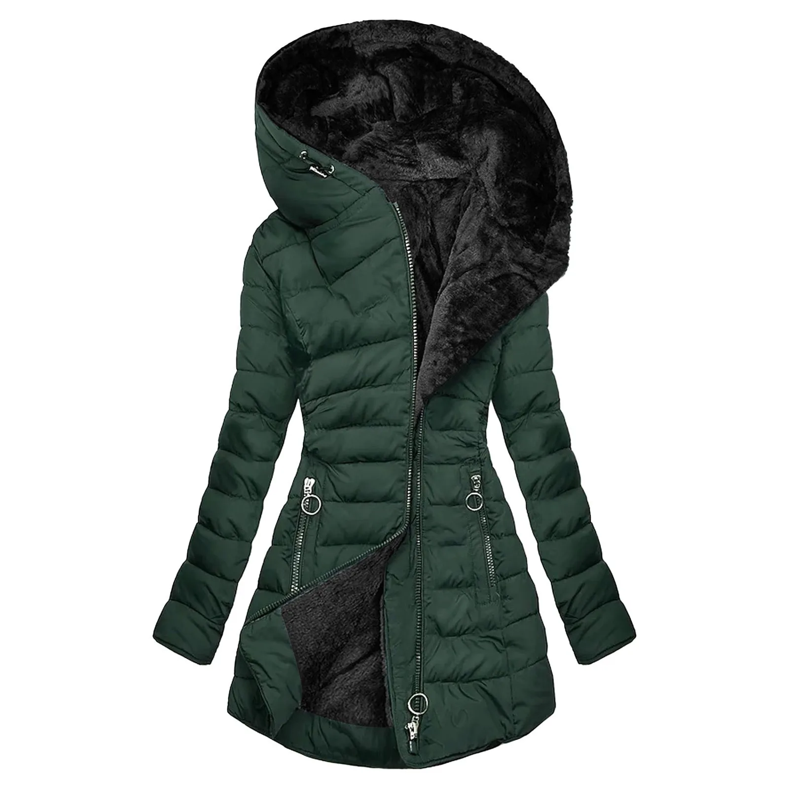 Autumn Winter Women Mid Length Puffer Jackets Solid Color Zipper Long Sleeve Thermal Parka Female Outerwear Fleece Hooded Coat