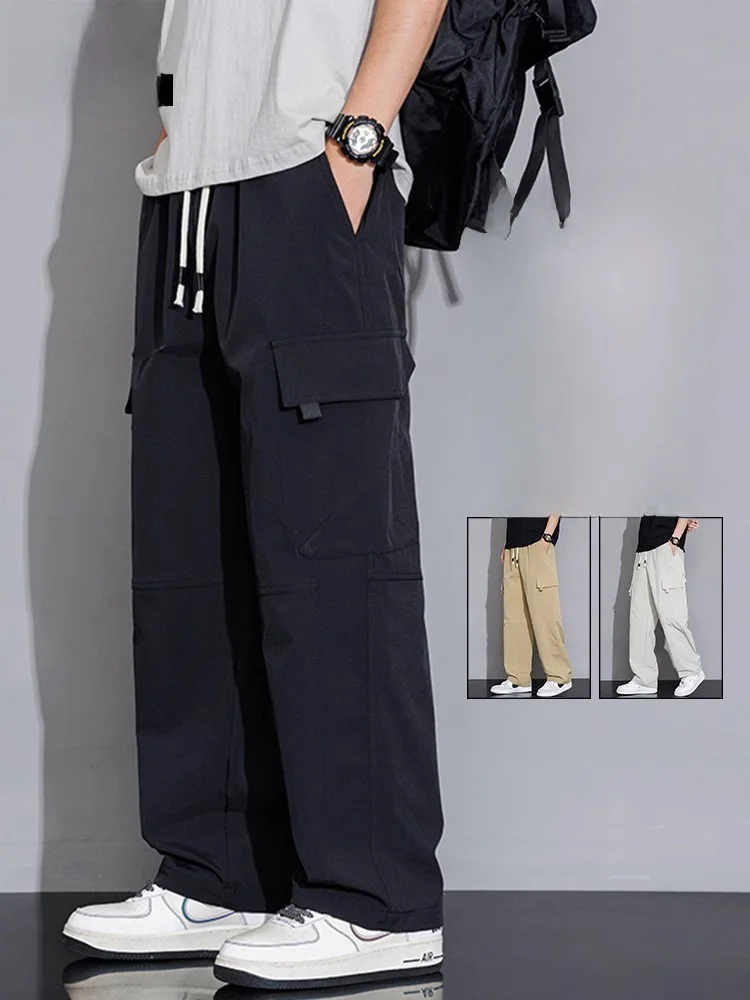 

Свободные прямые тонкие брюки из ледяного шелка для мужчин, летние повседневные широкие длинные брюки, американские спортивные брюки