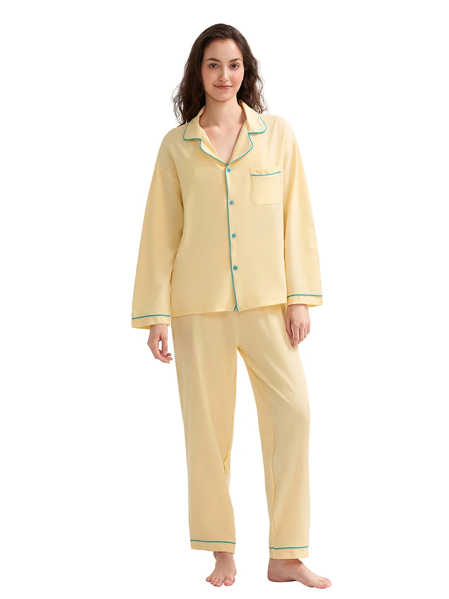 Женские осенние пижамные комплекты с карманами на пуговицах, топы с длинными рукавами и v-образным вырезом, брюки с широкими штанинами, комплект из 2 предметов для отдыха