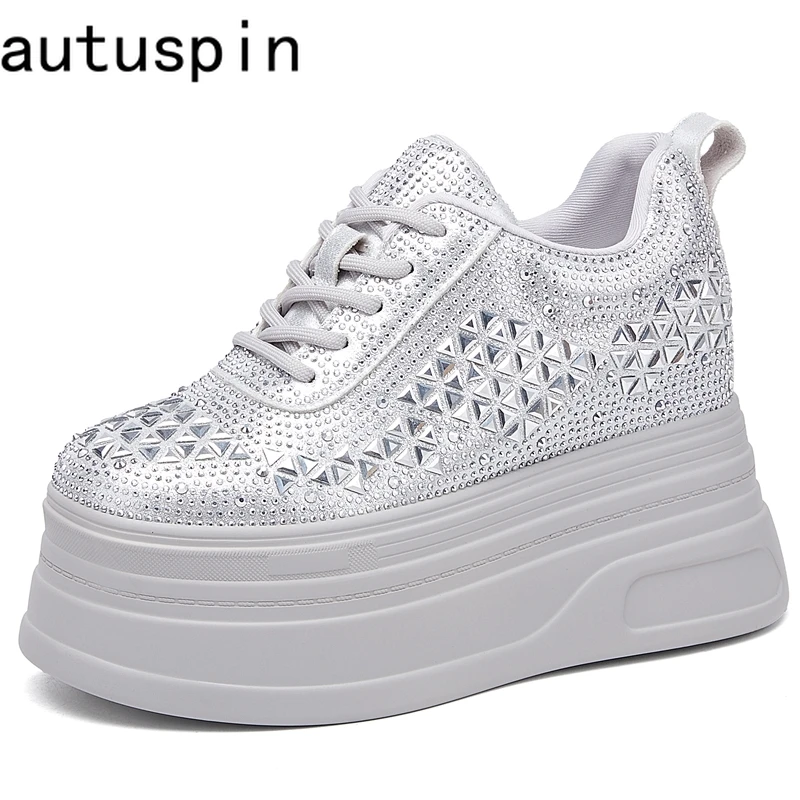 

AUTUSPIN 2025 Women's Casual Shoes Spring Split Leather High Platform Flats Outdoor Tide Luxury Full Rhinestones Ladies Sneakers