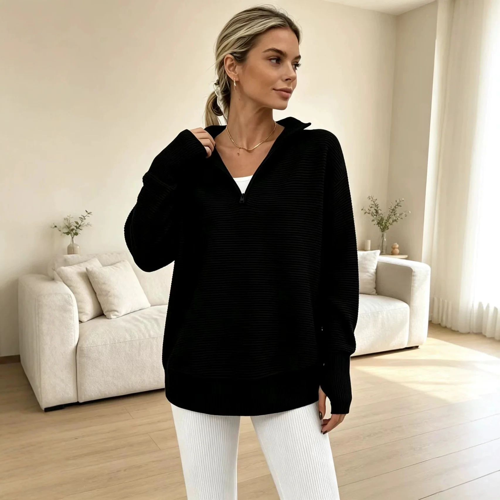 Chic 2026 Knitted Semi-zipper V-neck Sweaters Tops Jumpers Loose Medium and Long Pullover Bag Hand Sleeve Sweater Women Y2K