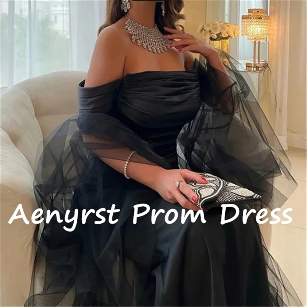 Aenyrst Black Off Shoulder Satin Evening Dresses Mermaid With Tulle Cape Pleated Prom Gowns Floor Length Formal Occasion Dress