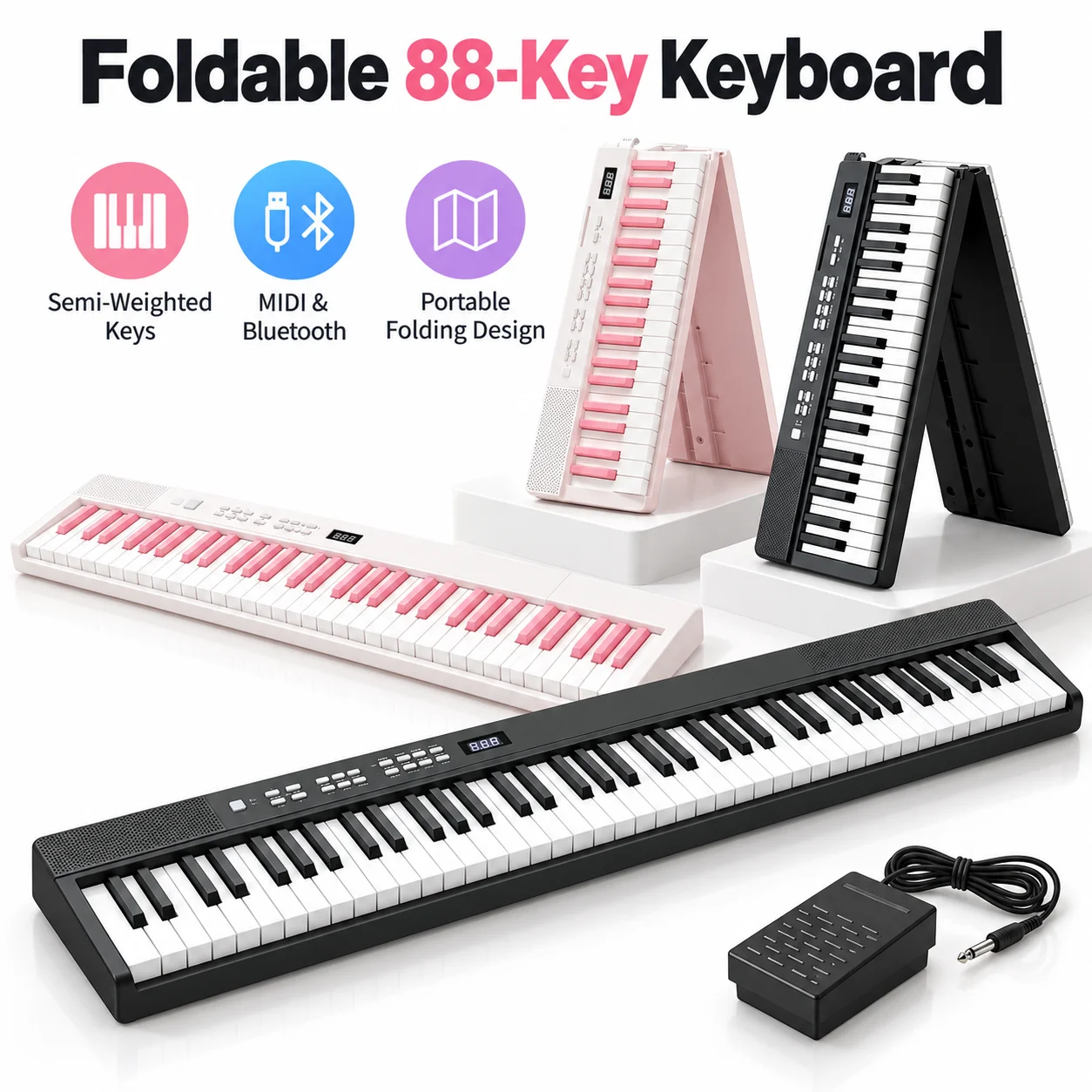 Portable Foldable 88-Key Digital Piano, Semi-Weighted Keys Bluetooth MIDI Electronic Keyboard
