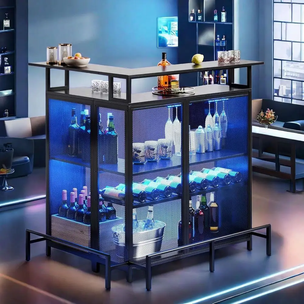 

LED-Controlled L-Shaped Bar Unit with 4-Tier Liquor Display, Wine Rack, Storage Shelves, and Glass Holder for Kitchen Pub in Bla