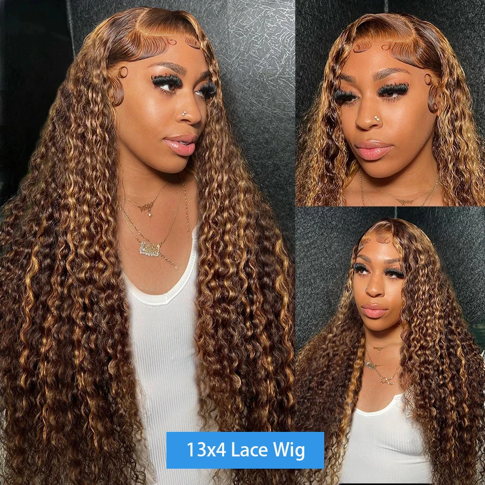 32 Inch Curly Highlight 13x4 Lace Front Human Hair Ombre Colored Deep Water Wave Lace Frontal Wig Brazilian Remy 180% For Women