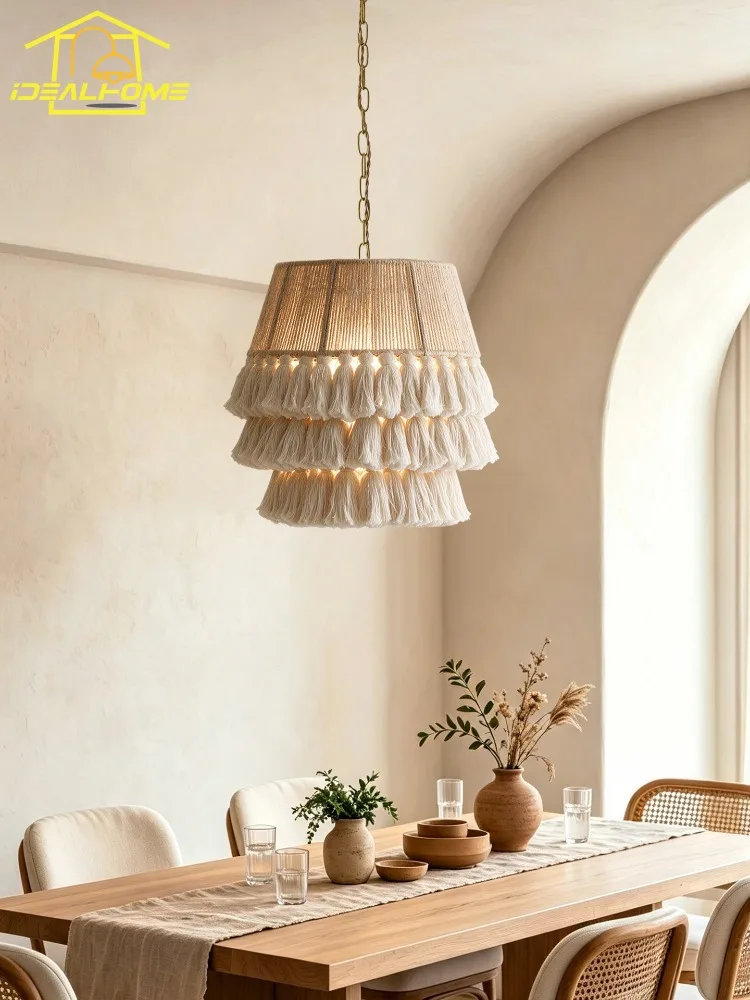 Bohemian Retro Hemp Rope Fringed Chandelier Lighting French Medieval Pendant Lights Living Room Restaurant Breakfast Bedroom Bar