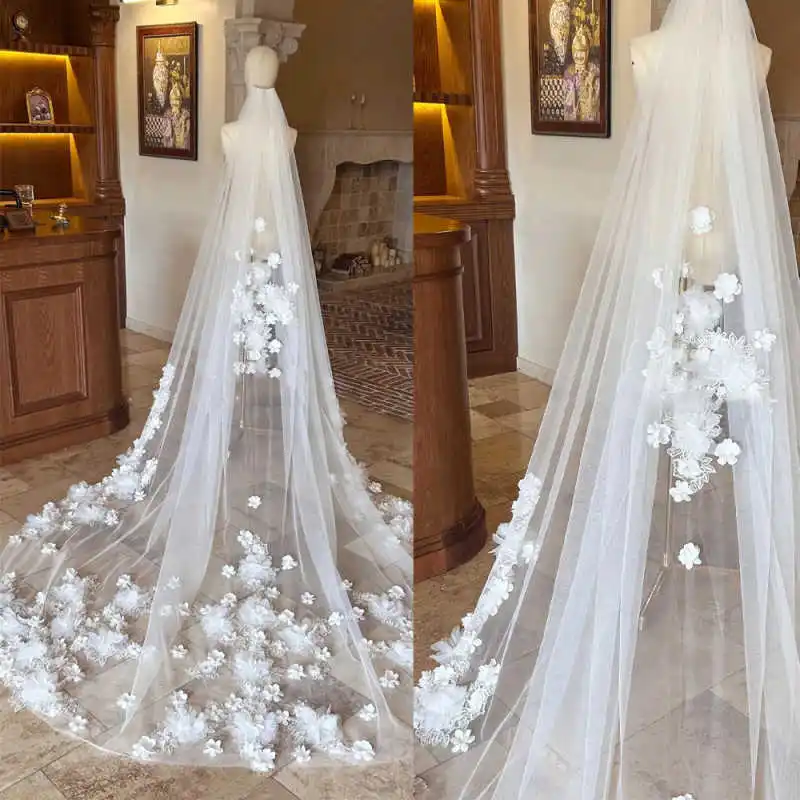 

Princess Wedding Bridal Veil One-Layer 3M Long Cathedral 3D Flowers Crystal With Comb Customized velos de novia