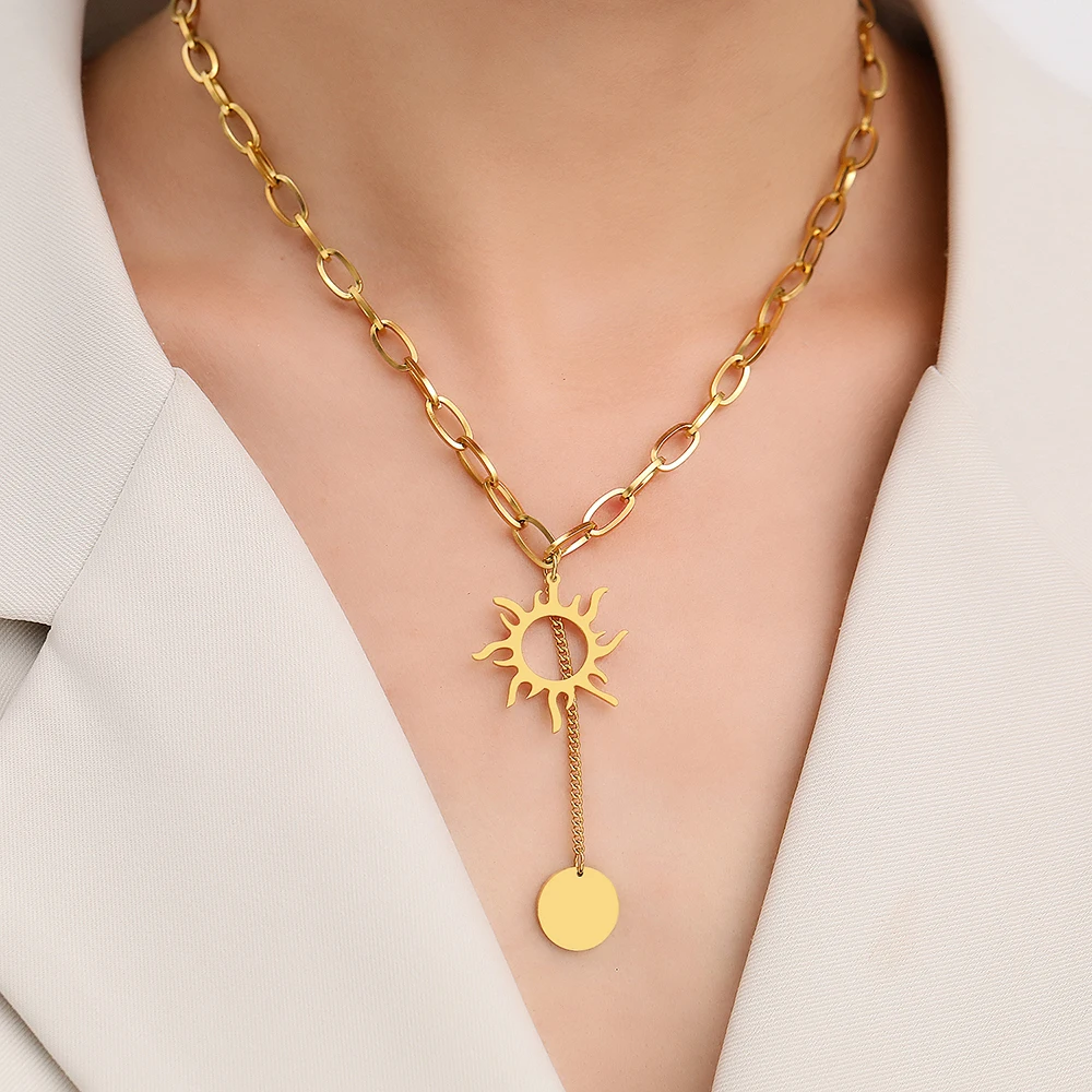 Stainless Steel Necklaces Delicate Sun Totem Geometric Round Tassel Pendants Goth Punk Chains Fashion Necklace For Women Jewelry